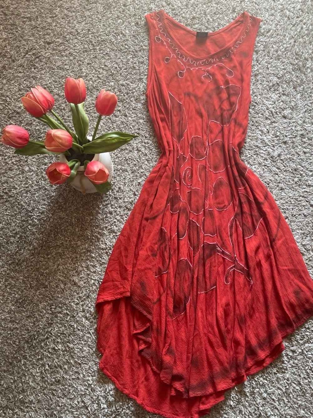 Asymmetrical Red Sleeveless Dress with Decorative Stitching